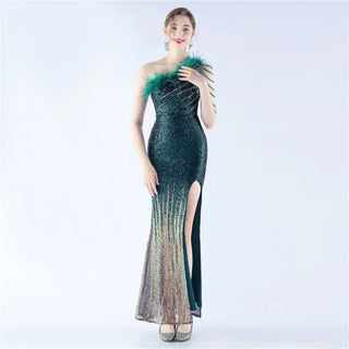 Gradient Sequin One-Shoulder Floor-Length Prom Dress with Ostrich Feathers