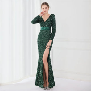 V-Neck Sequin Trumpet Evening Dress with Long Sleeves - Mermaid Formal Gown for Women