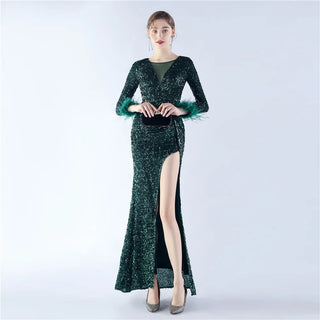 Stunning V-Neck Sequin Ankle-Length Prom Dress with Split