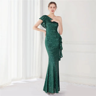 Elegant One-Shoulder Sequin Evening Dress for Weddings and Special Events