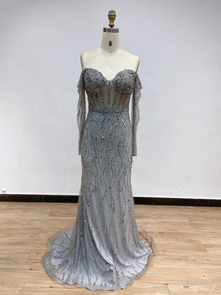 Silver Stunning Beaded Mermaid Dress - Sexy Sweetheart Neck with Boning and Off-Shoulder Sleeves for Formal Occasions