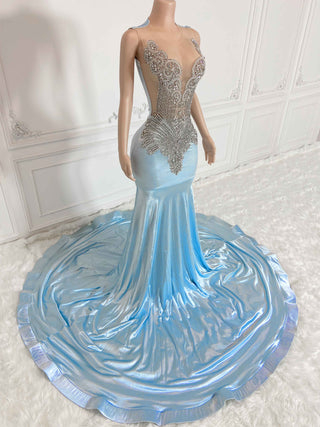 Glamorous Ice Blue Mermaid Gown with Crystal Embellishments