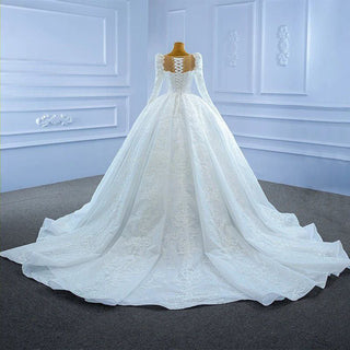 White Elegant Long Sleeve Square Neck Open Back Lace Wedding Dress