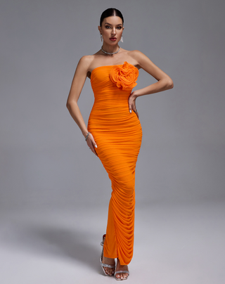 Ships in 1 to 3 Days - Strapless Ruched Evening Gown with Floral Accent.