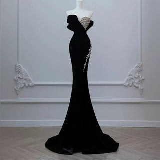 Same Day Shipping –  Glamorous Black Velvet Off-the-Shoulder Gown with Jeweled Bodice