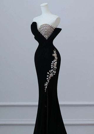 Ships in 1 to 3 Days – Glamorous Black Velvet Off-the-Shoulder Gown with Jeweled Bodice