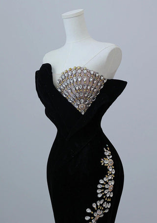 Ships in 1 to 3 Days – Glamorous Black Velvet Off-the-Shoulder Gown with Jeweled Bodice