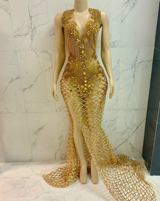 Golden Goddess Sheer Crystal-Embellished Gown with Daring High Slit