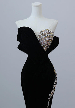 Ships in 1 to 3 Days – Glamorous Black Velvet Off-the-Shoulder Gown with Jeweled Bodice