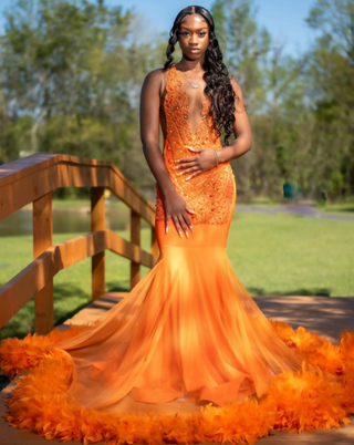 Stunning Orange Feather-Trimmed Beaded Mermaid Gown with Sheer Details