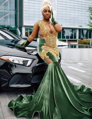 Luxurious Green Velvet Beaded Mermaid Gown with Feathered Train