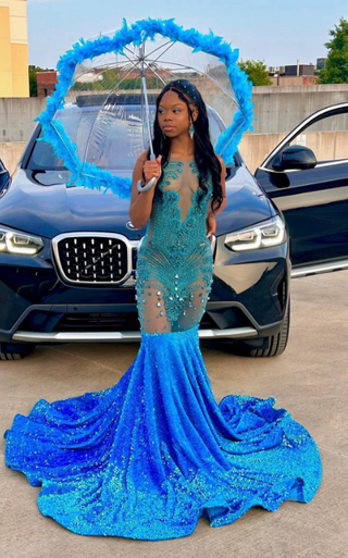 Stunning Blue Beaded Mermaid Gown with Feathered Umbrella