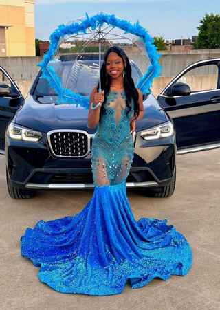 Stunning Blue Beaded Mermaid Gown with Feathered Umbrella