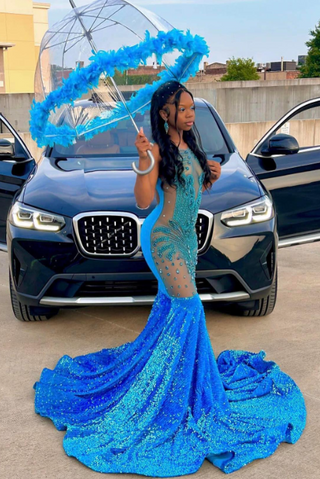 Stunning Blue Beaded Mermaid Gown with Feathered Umbrella