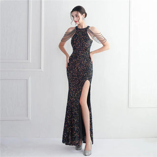 Elegant Red Halter Sequin Evening Dress with Trumpet Mermaid Hem and Floor-Length Skirt