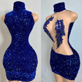 Glamorous Blue Sequin Bodycon Dress with Intricate Back Beading