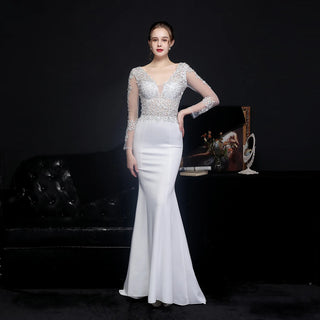 Champagne V-Neck Floor-Length Evening Dress with Mermaid Skirt for Women