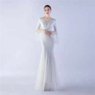 Champagne V-Neck Sequin Mermaid Trumpet Evening Dress - Floor-Length Elegant Prom Gown