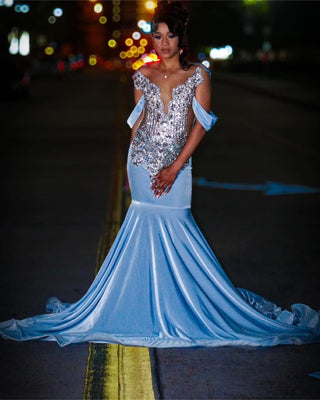 Elegant Off-Shoulder Mermaid Gown with Crystal Embellishments