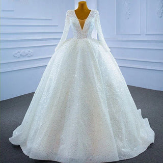 Quality Modern Full Sleeves V-Neck Wedding Gown