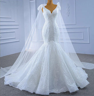 Wholesale Elegant Party V-Neck Fish Tail Sequin Lace Mermaid Wedding Dress