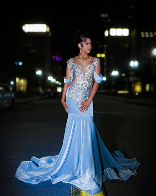 Elegant Off-Shoulder Mermaid Gown with Crystal Embellishments