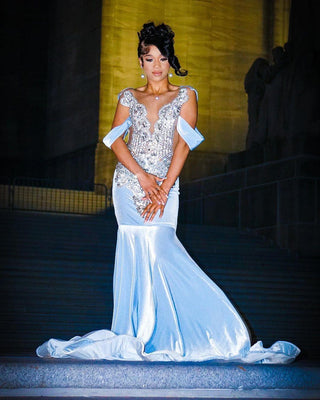 Elegant Off-Shoulder Mermaid Gown with Crystal Embellishments