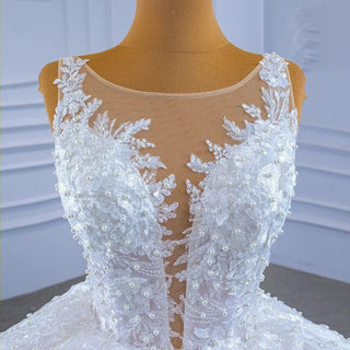 Luxury Simple Sleeveless O-Neck Lace Bridal Wedding Gown