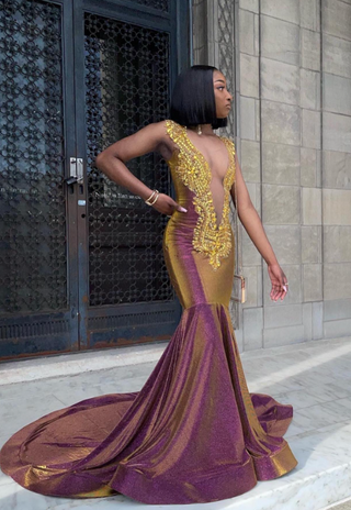 Glamorous Golden & Burgundy Beaded Mermaid Dress