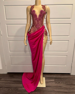 Glamorous Pink Embellished Evening Gown with Asymmetrical Drape