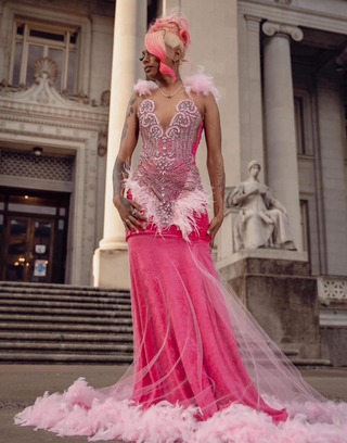 Opulent Feather & Rhinestone-Embellished Pink Mermaid Gown