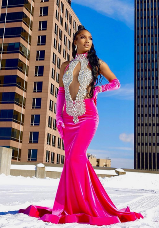 Luxurious Pink Satin Mermaid Gown with Rhinestone Detail and Gloves