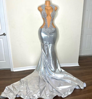 Radiant Silver Metallic Gown with Plunging Neckline.