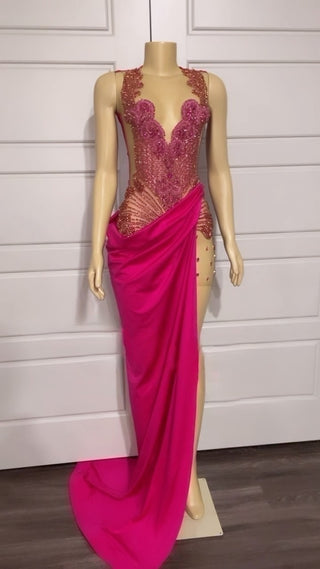 Glamorous Pink Embellished Evening Gown with Asymmetrical Drape