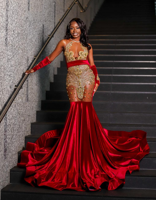 Red Velvet Beaded Sheer Gown with Exquisite Detailing and Dramatic Train