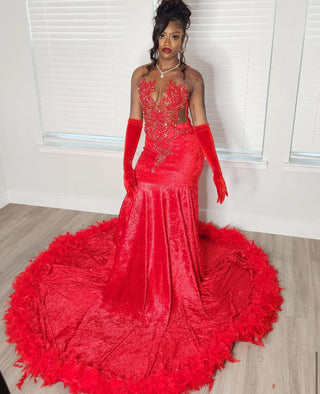 Exquisite Red Velvet Mermaid Gown with Feather Trim and Beaded Appliqué