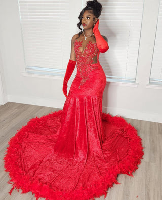 Exquisite Red Velvet Mermaid Gown with Feather Trim and Beaded Appliqué