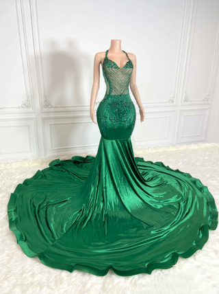 Luxurious Emerald Green Beaded Mermaid Gown with Stunning Train