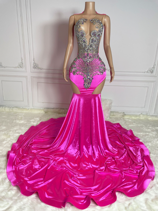 Glamorous Hot Pink Beaded Gown with Back Cutouts and Flowing Train