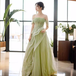 Ethereal Green Off-Shoulder Evening Gown with Layered Tulle Skirt