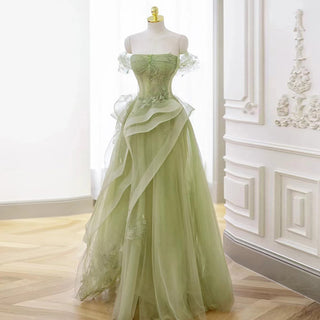 Ethereal Green Off-Shoulder Evening Gown with Layered Tulle Skirt