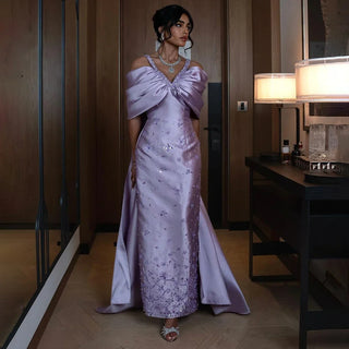 2024 Dubai Arabic Purple Satin Elegant Long Cloak Evening Dress - Luxury Beaded Party Gown for Women's Wedding