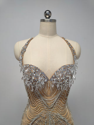 Ships in 1 to 3 Days - Glamorous Golden Gown with Intricate Beadwork and Crystal Accents