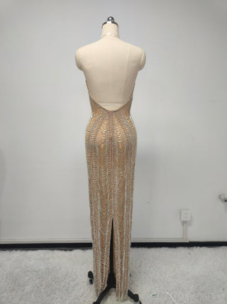 Ships in 1 to 3 Days - Glamorous Golden Gown with Intricate Beadwork and Crystal Accents