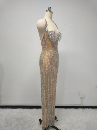 Ships in 1 to 3 Days - Glamorous Golden Gown with Intricate Beadwork and Crystal Accents