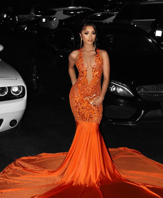 Stunning Orange Crystal-Embellished Mermaid Gown with Dramatic Train