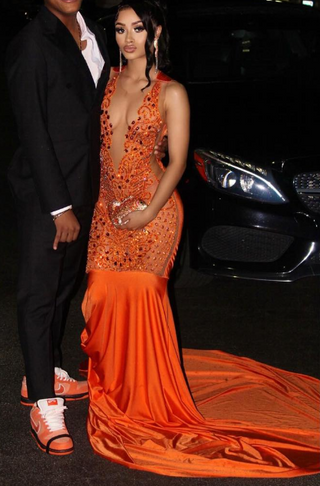 Stunning Orange Crystal-Embellished Mermaid Gown with Dramatic Train