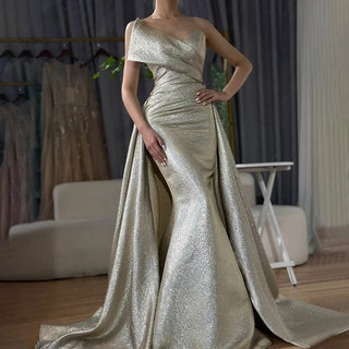 Champagne Mermaid Evening Dress with Off-Shoulder and Tie Design for Formal Occasion