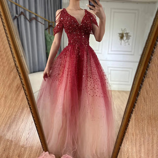 Arabic Gradual Change Red Evening Dresses Gowns 2025 - Luxury Beaded A-Line for Women's Wedding Party