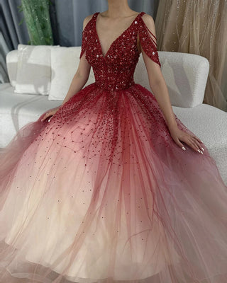 Arabic Gradual Change Red Evening Dresses Gowns 2025 - Luxury Beaded A-Line for Women's Wedding Party